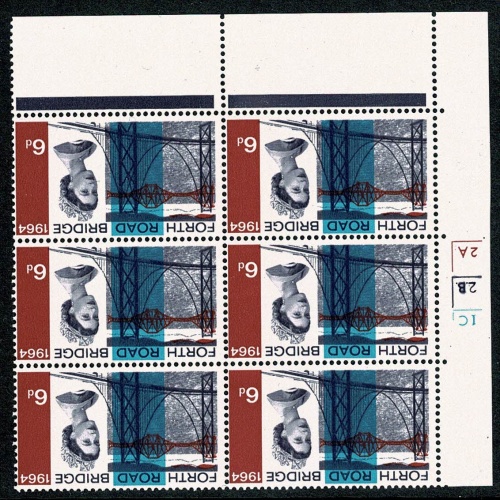 1964 Forth Road Bridge 6d (ord). WATERMARK INVERTED Cylinder 1C 2B 2A  no dot block of six Perf A(T). SG 660Wi.