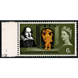 1964 Shakespeare 6d (phos). PHOSPHOR BANDS PRINTED ON GUMMED SIDE. Marginal single SG 647p var.