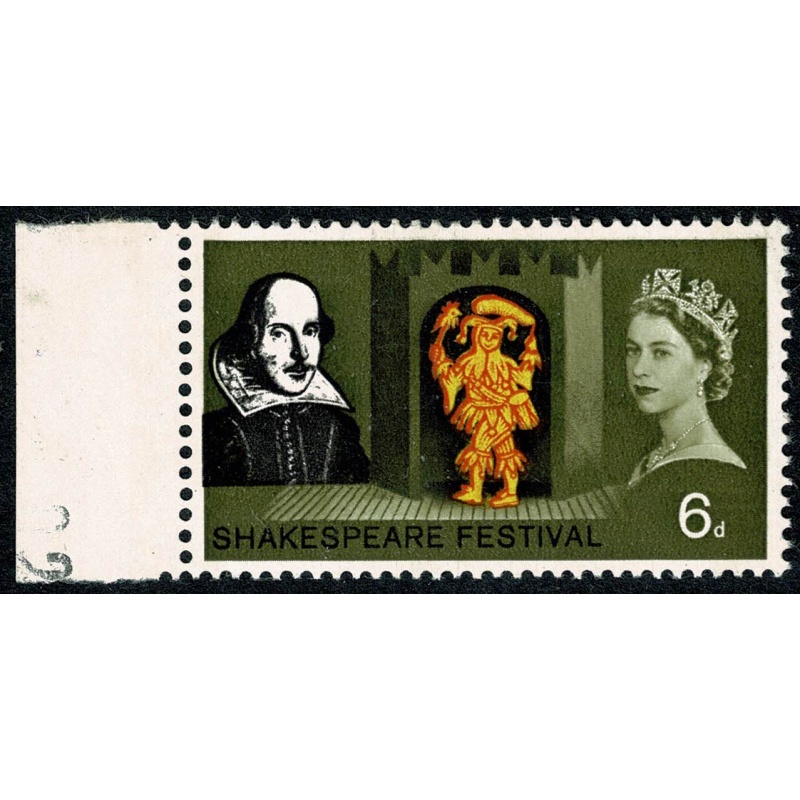 1964 Shakespeare 6d (phos). PHOSPHOR BANDS PRINTED ON GUMMED SIDE. Marginal single SG 647p var.