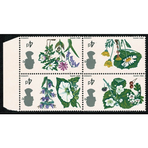 1967 Flowers 4d (ord). WATERMARK INVERTED. Marginal block. SG 717aWi