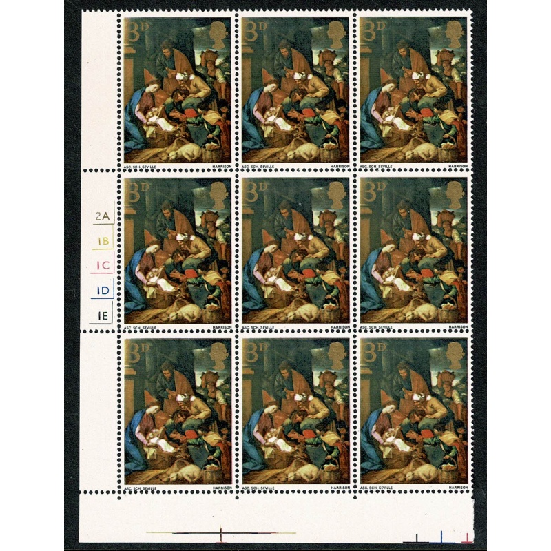 1967 Christmas 3d. MISSING PHOSPHOR. Cylinder block of six. SG 756y