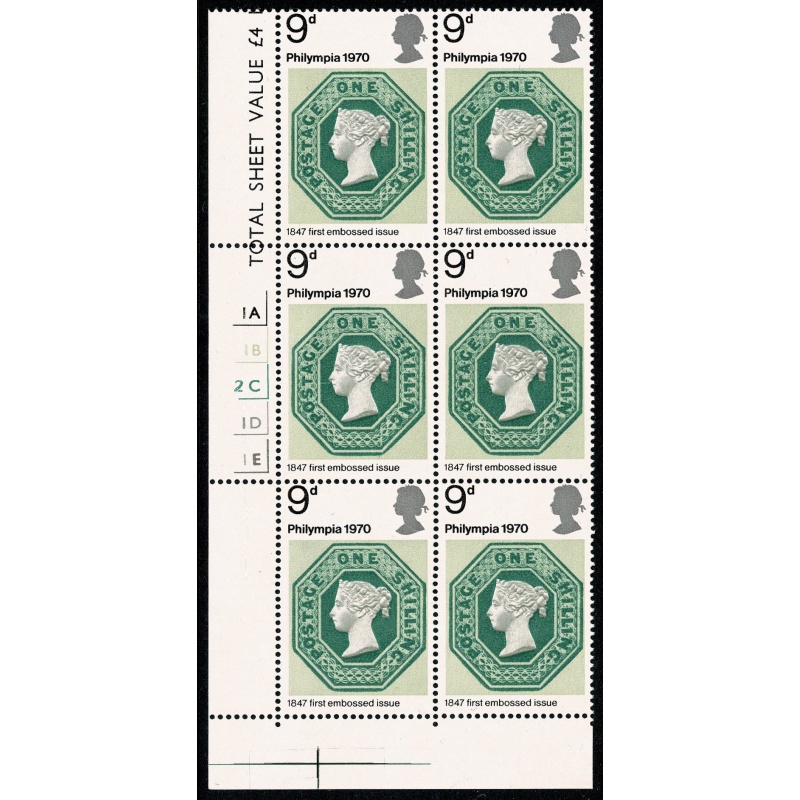 1970 Philympia 9d. Missing Phosphor. Cylinder block of 6. SG 836y.