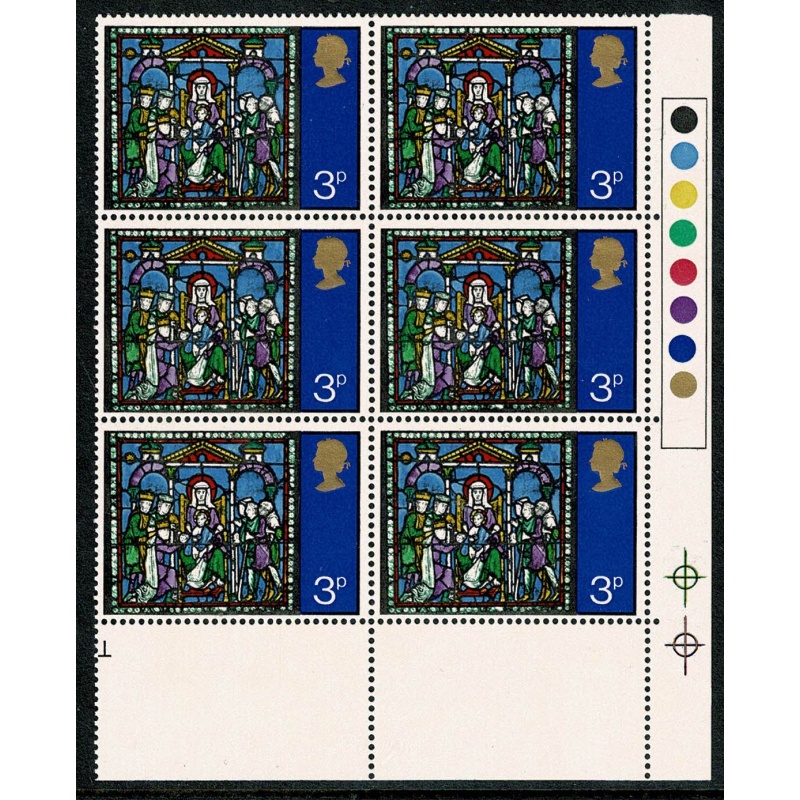 1971 Christmas 3p MISSING PHOSPHOR. Traffic Light block of six. SG 895y