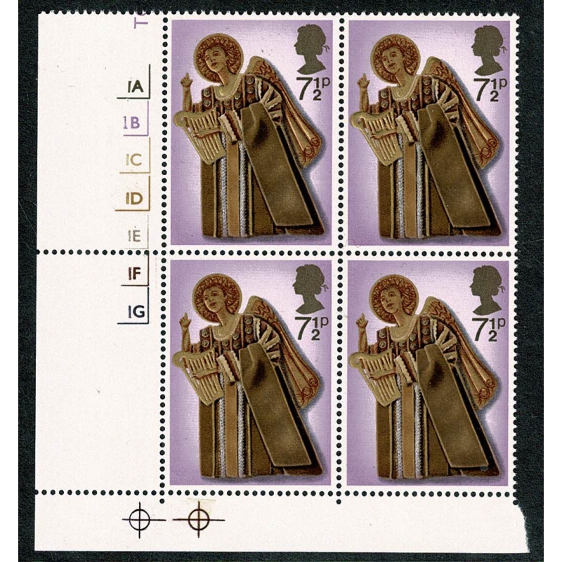 1972 Christmas 7½p MISSING PHOSPHOR. Cylinder block of four. SG 915y