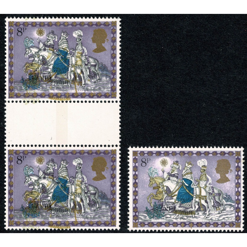 1979 Christmas 8p gutter pair. SHIFT OF BISTRE, MAUVE and BLUE.